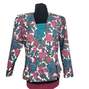 Vintage Good Times Floral Blazer Womens 14 Teal Pink Double Breasted Made in USA
